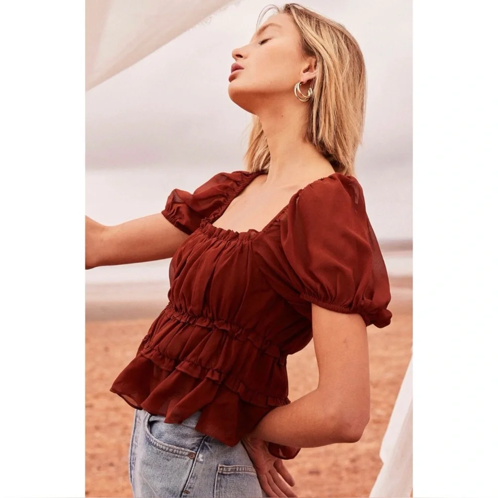 ASTR The Label Puff Sleeve Nutmeg Rust Puff Sleeve Blouse Top Size S